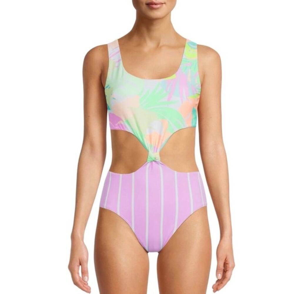 No Boundaries Floral Stripe Cutout One Piece Swimsuit Size Large 11-13 juniors